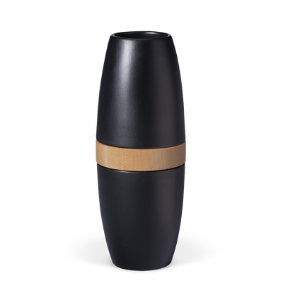 Schwarz-Matt, Keramikurne, Vase, Holzmittelstück
