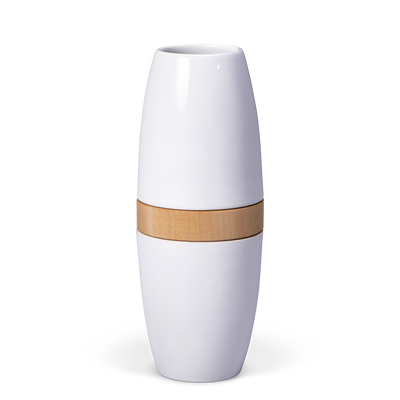 Weiss, Keramikurne, Vase, Holzmittelstück
