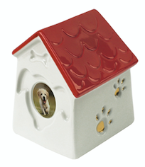 Porzellan House shaped urn with dog/cat decorations+space for picture